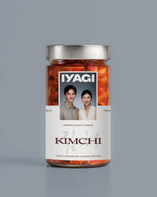 Jar of Iyagi Kimchi with a gray background